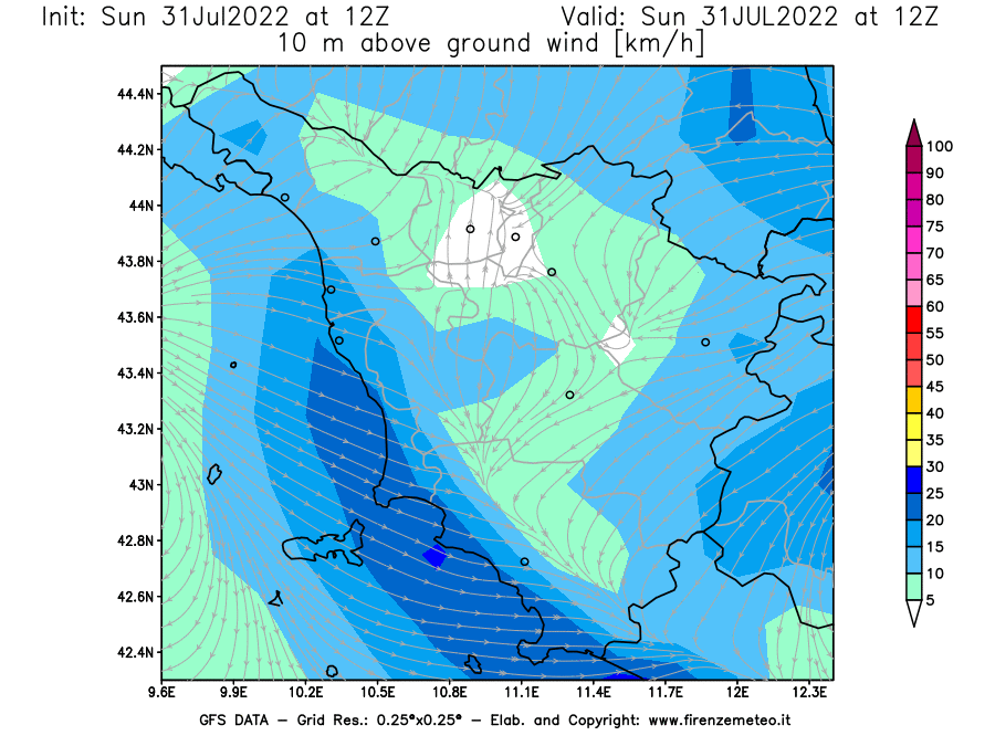 GFS analysi map - Wind Speed at 10 m above ground [km/h] in Tuscany
									on 31/07/2022 12 <!--googleoff: index-->UTC<!--googleon: index-->