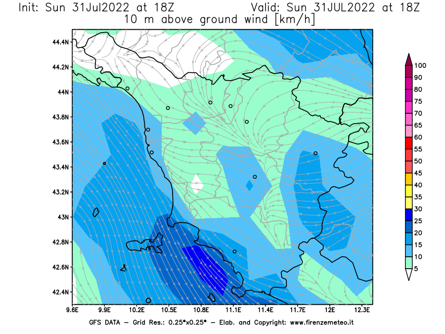 GFS analysi map - Wind Speed at 10 m above ground [km/h] in Tuscany
									on 31/07/2022 18 <!--googleoff: index-->UTC<!--googleon: index-->