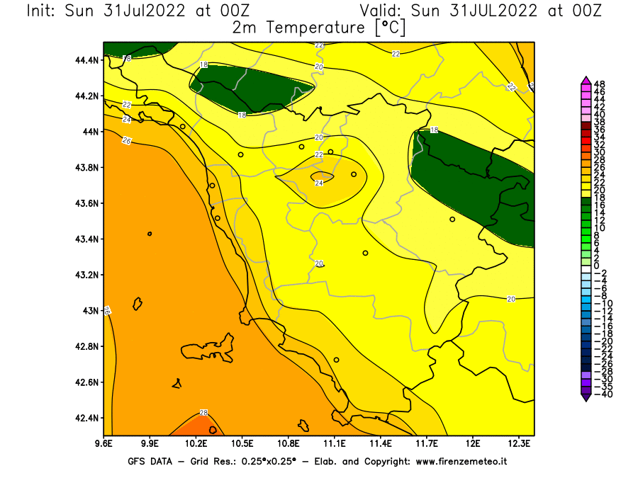 GFS analysi map - Temperature at 2 m above ground [°C] in Tuscany
									on 31/07/2022 00 <!--googleoff: index-->UTC<!--googleon: index-->
