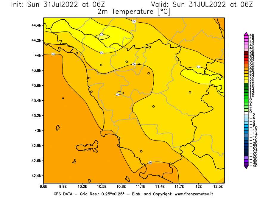 GFS analysi map - Temperature at 2 m above ground [°C] in Tuscany
									on 31/07/2022 06 <!--googleoff: index-->UTC<!--googleon: index-->
