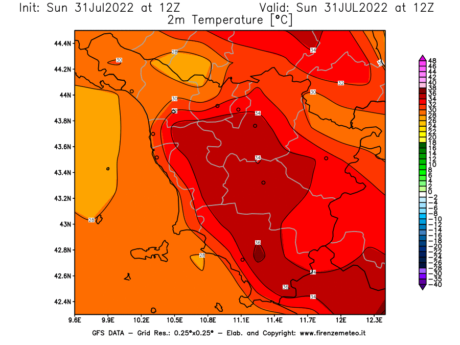 GFS analysi map - Temperature at 2 m above ground [°C] in Tuscany
									on 31/07/2022 12 <!--googleoff: index-->UTC<!--googleon: index-->