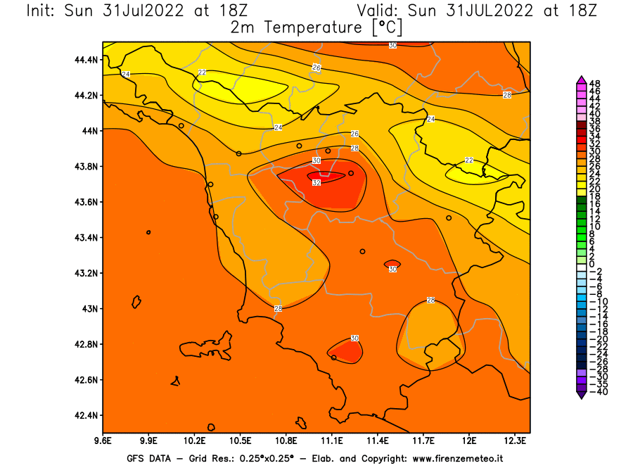 GFS analysi map - Temperature at 2 m above ground [°C] in Tuscany
									on 31/07/2022 18 <!--googleoff: index-->UTC<!--googleon: index-->