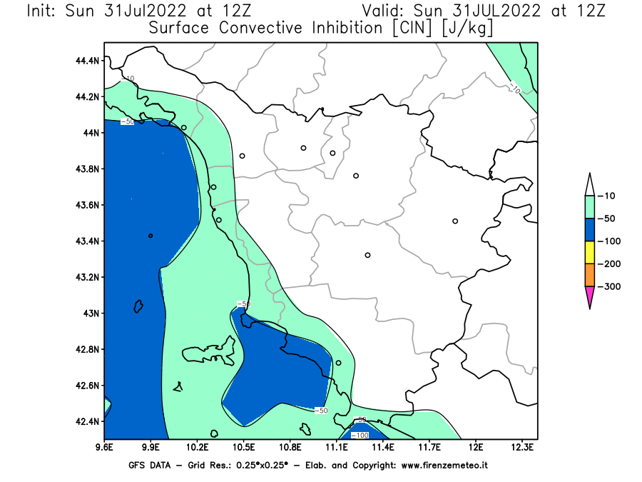 GFS analysi map - CIN [J/kg] in Tuscany
									on 31/07/2022 12 <!--googleoff: index-->UTC<!--googleon: index-->