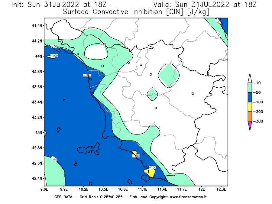 GFS analysi map - CIN [J/kg] in Tuscany
									on 31/07/2022 18 <!--googleoff: index-->UTC<!--googleon: index-->