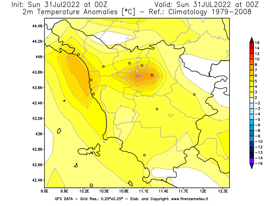 GFS analysi map - Temperature Anomalies [°C] at 2 m in Tuscany
									on 31/07/2022 00 <!--googleoff: index-->UTC<!--googleon: index-->