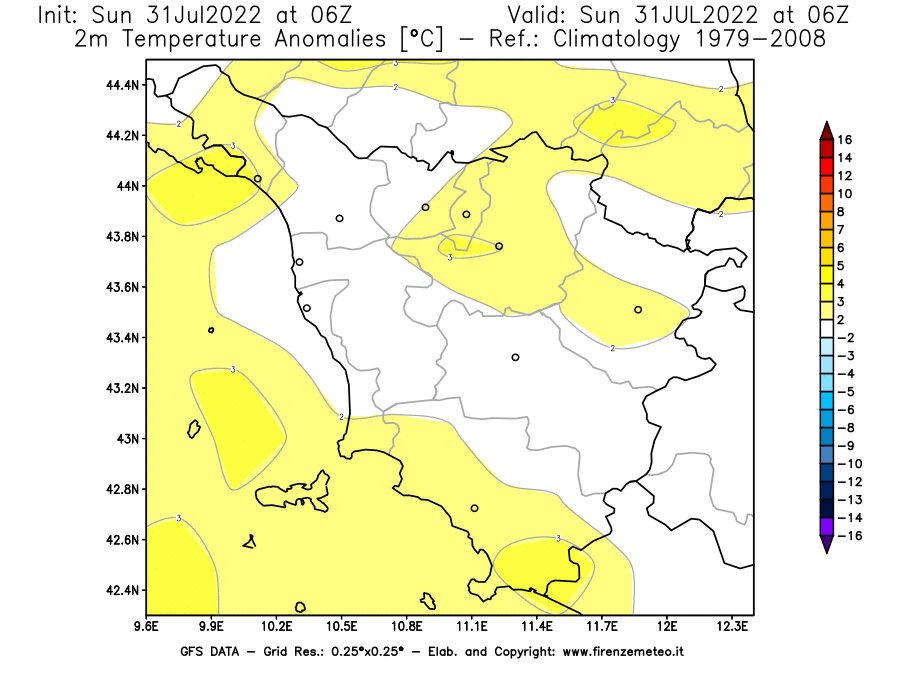GFS analysi map - Temperature Anomalies [°C] at 2 m in Tuscany
									on 31/07/2022 06 <!--googleoff: index-->UTC<!--googleon: index-->