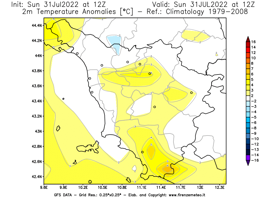 GFS analysi map - Temperature Anomalies [°C] at 2 m in Tuscany
									on 31/07/2022 12 <!--googleoff: index-->UTC<!--googleon: index-->