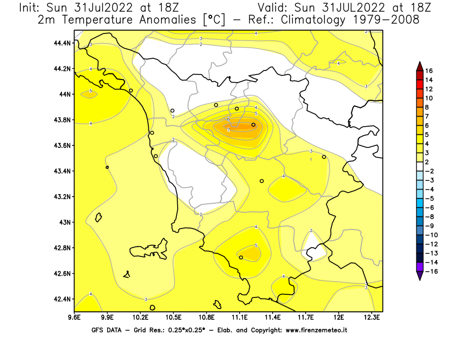 GFS analysi map - Temperature Anomalies [°C] at 2 m in Tuscany
									on 31/07/2022 18 <!--googleoff: index-->UTC<!--googleon: index-->