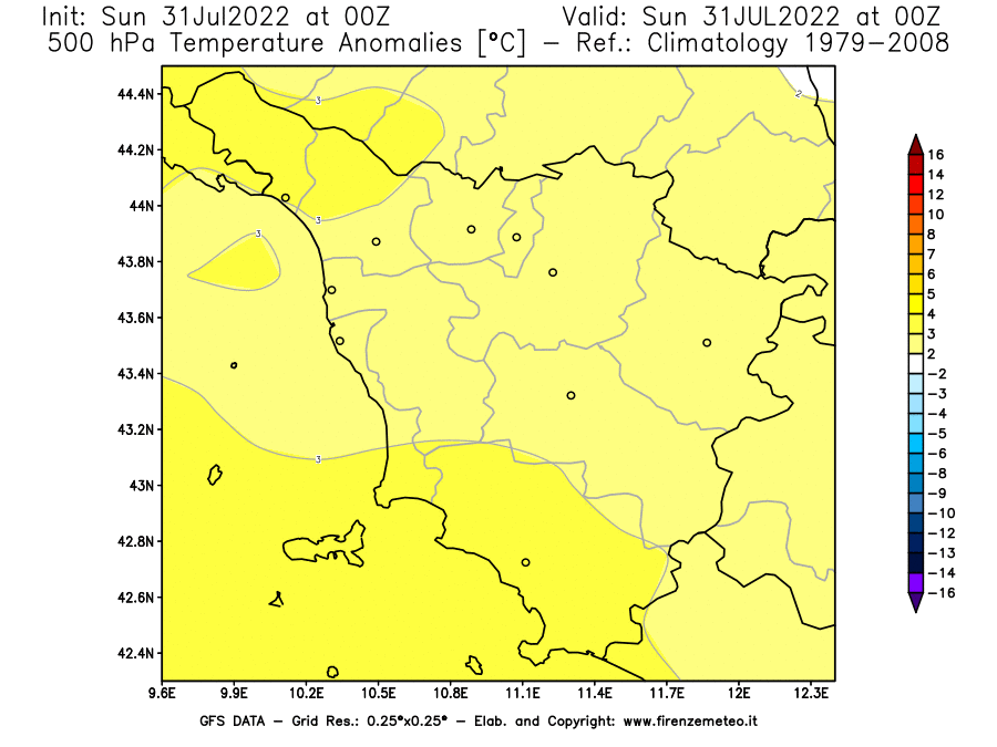 GFS analysi map - Temperature Anomalies [°C] at 500 hPa in Tuscany
									on 31/07/2022 00 <!--googleoff: index-->UTC<!--googleon: index-->