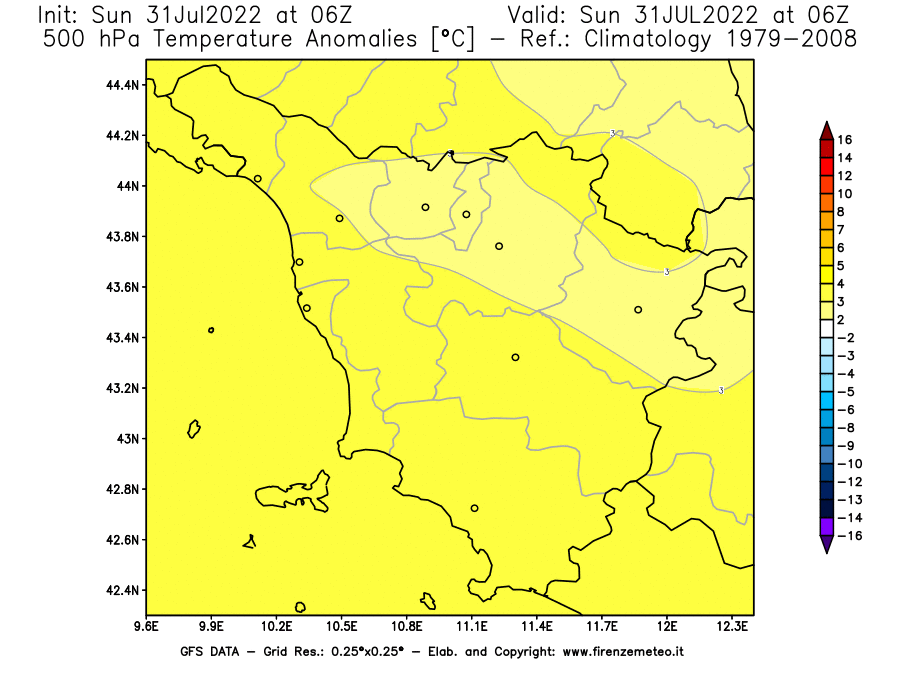 GFS analysi map - Temperature Anomalies [°C] at 500 hPa in Tuscany
									on 31/07/2022 06 <!--googleoff: index-->UTC<!--googleon: index-->