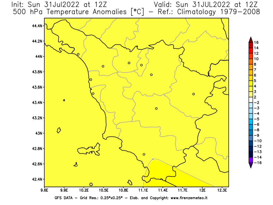 GFS analysi map - Temperature Anomalies [°C] at 500 hPa in Tuscany
									on 31/07/2022 12 <!--googleoff: index-->UTC<!--googleon: index-->