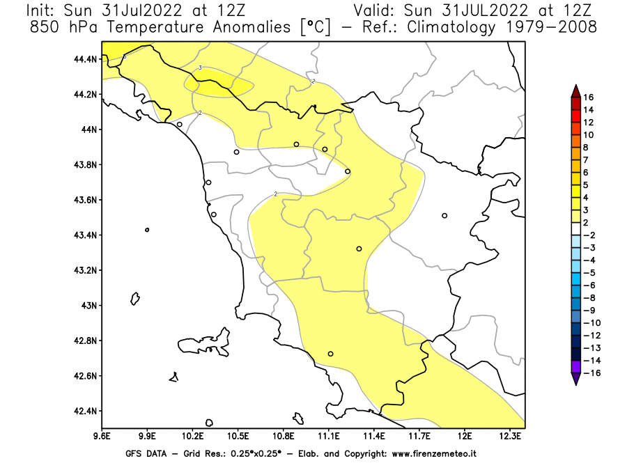 GFS analysi map - Temperature Anomalies [°C] at 850 hPa in Tuscany
									on 31/07/2022 12 <!--googleoff: index-->UTC<!--googleon: index-->