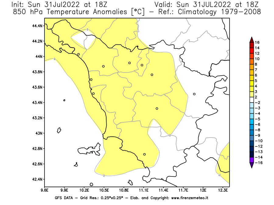 GFS analysi map - Temperature Anomalies [°C] at 850 hPa in Tuscany
									on 31/07/2022 18 <!--googleoff: index-->UTC<!--googleon: index-->