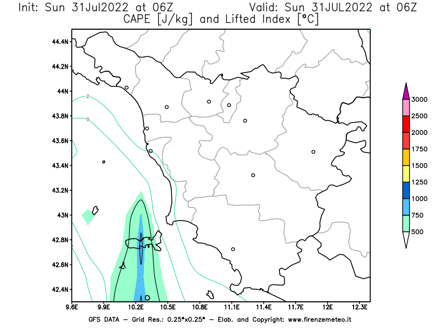 GFS analysi map - CAPE [J/kg] and Lifted Index [°C] in Tuscany
									on 31/07/2022 06 <!--googleoff: index-->UTC<!--googleon: index-->