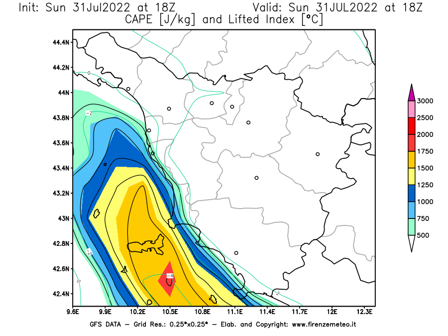 GFS analysi map - CAPE [J/kg] and Lifted Index [°C] in Tuscany
									on 31/07/2022 18 <!--googleoff: index-->UTC<!--googleon: index-->