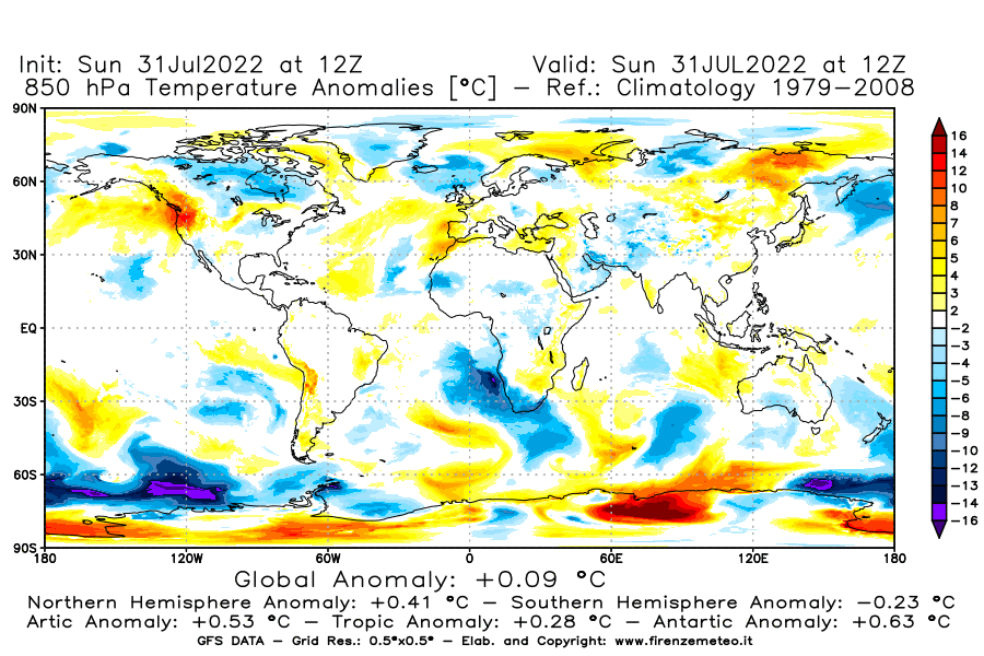 GFS analysi map - Temperature Anomalies [°C] at 850 hPa in World
									on 31/07/2022 12 <!--googleoff: index-->UTC<!--googleon: index-->