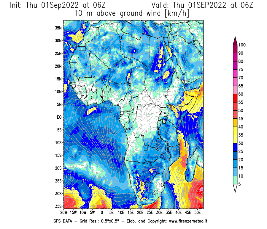 Mappa di analisi GFS - Velocità del vento a 10 metri dal suolo [km/h] in Africa
							del 01/09/2022 06 <!--googleoff: index-->UTC<!--googleon: index-->