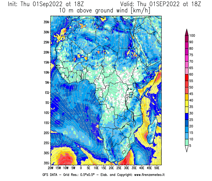 Mappa di analisi GFS - Velocità del vento a 10 metri dal suolo [km/h] in Africa
							del 01/09/2022 18 <!--googleoff: index-->UTC<!--googleon: index-->