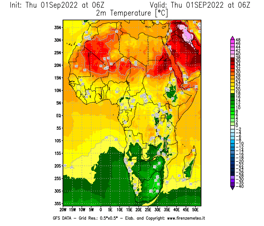 Mappa di analisi GFS - Temperatura a 2 metri dal suolo [°C] in Africa
							del 01/09/2022 06 <!--googleoff: index-->UTC<!--googleon: index-->