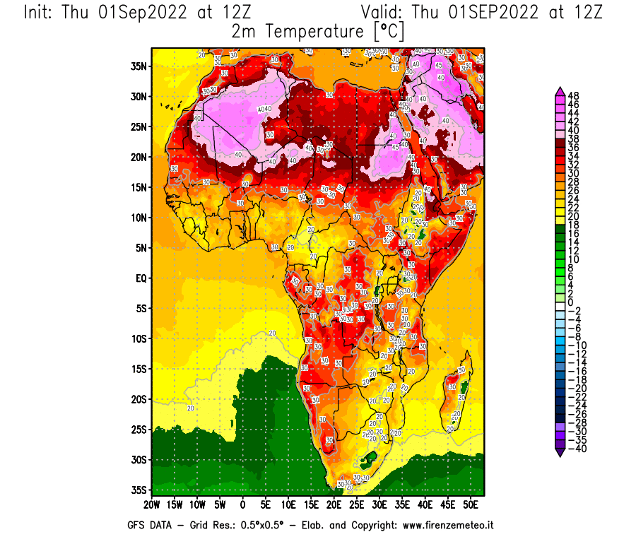 Mappa di analisi GFS - Temperatura a 2 metri dal suolo [°C] in Africa
							del 01/09/2022 12 <!--googleoff: index-->UTC<!--googleon: index-->