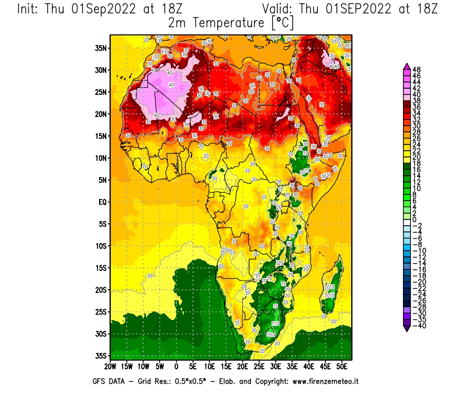 Mappa di analisi GFS - Temperatura a 2 metri dal suolo [°C] in Africa
							del 01/09/2022 18 <!--googleoff: index-->UTC<!--googleon: index-->