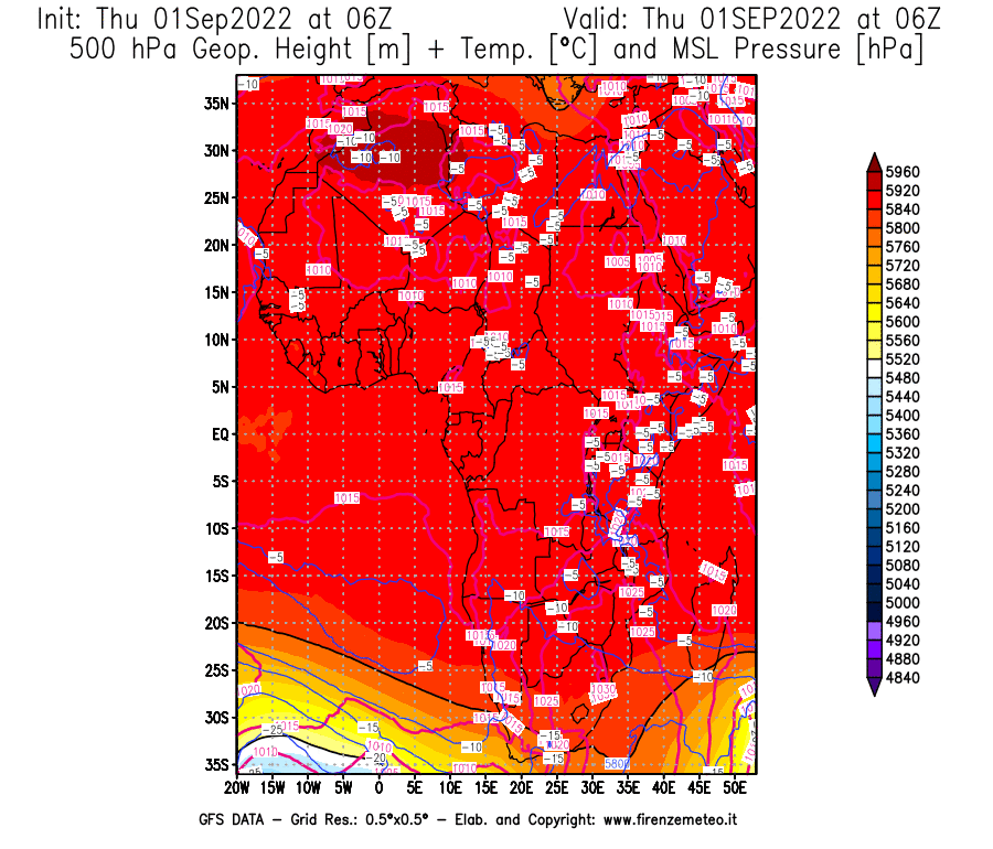 GFS analysi map - Geopotential [m] + Temp. [°C] at 500 hPa + Sea Level Pressure [hPa] in Africa
									on 01/09/2022 06 <!--googleoff: index-->UTC<!--googleon: index-->