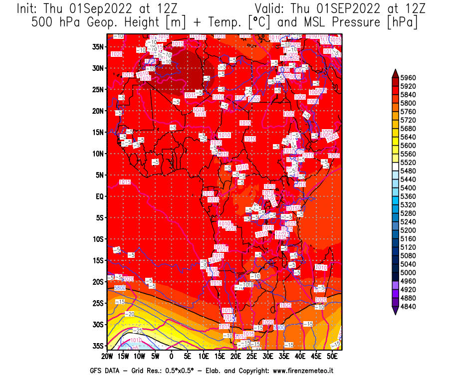 Mappa di analisi GFS - Geopotenziale [m] + Temp. [°C] a 500 hPa + Press. a livello del mare [hPa] in Africa
							del 01/09/2022 12 <!--googleoff: index-->UTC<!--googleon: index-->