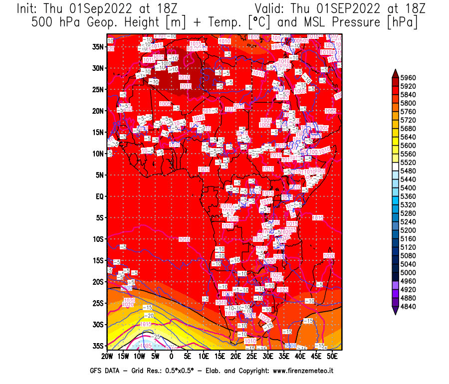 GFS analysi map - Geopotential [m] + Temp. [°C] at 500 hPa + Sea Level Pressure [hPa] in Africa
									on 01/09/2022 18 <!--googleoff: index-->UTC<!--googleon: index-->