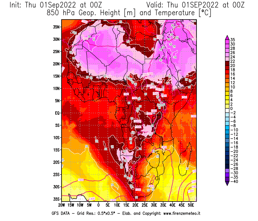 GFS analysi map - Geopotential [m] and Temperature [°C] at 850 hPa in Africa
									on 01/09/2022 00 <!--googleoff: index-->UTC<!--googleon: index-->