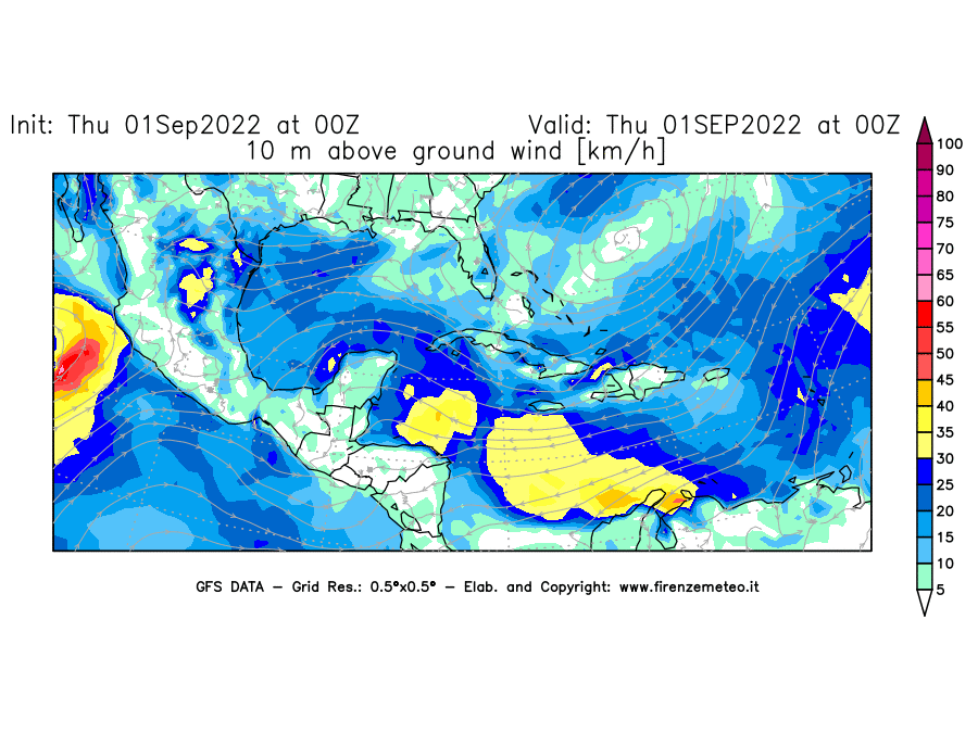 Mappa di analisi GFS - Velocità del vento a 10 metri dal suolo [km/h] in Centro-America
							del 01/09/2022 00 <!--googleoff: index-->UTC<!--googleon: index-->
