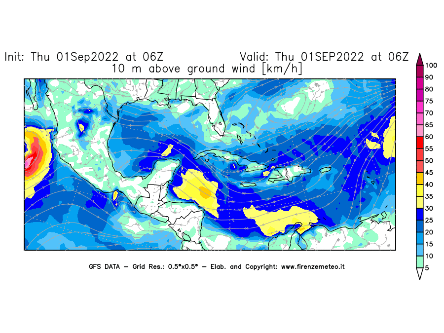 Mappa di analisi GFS - Velocità del vento a 10 metri dal suolo [km/h] in Centro-America
							del 01/09/2022 06 <!--googleoff: index-->UTC<!--googleon: index-->