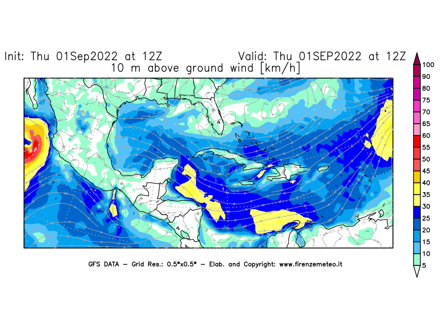 Mappa di analisi GFS - Velocità del vento a 10 metri dal suolo [km/h] in Centro-America
							del 01/09/2022 12 <!--googleoff: index-->UTC<!--googleon: index-->