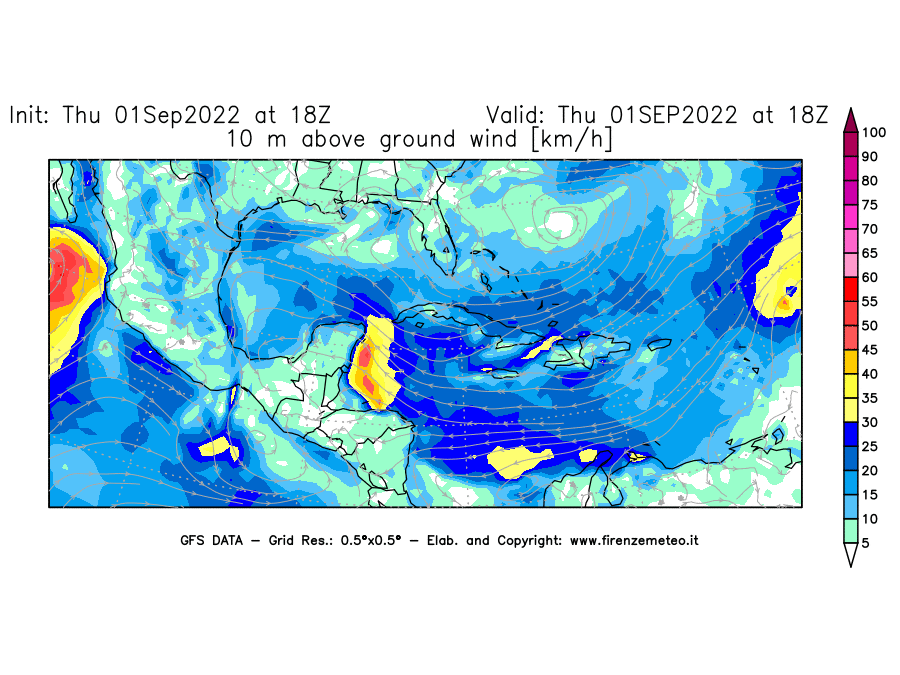 Mappa di analisi GFS - Velocità del vento a 10 metri dal suolo [km/h] in Centro-America
							del 01/09/2022 18 <!--googleoff: index-->UTC<!--googleon: index-->