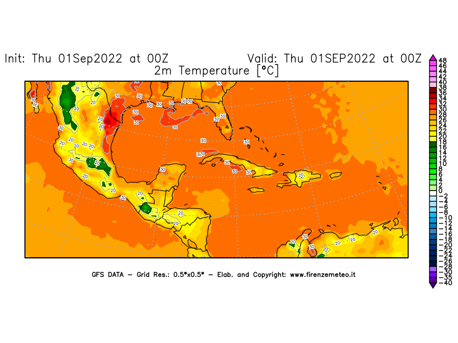Mappa di analisi GFS - Temperatura a 2 metri dal suolo [°C] in Centro-America
							del 01/09/2022 00 <!--googleoff: index-->UTC<!--googleon: index-->