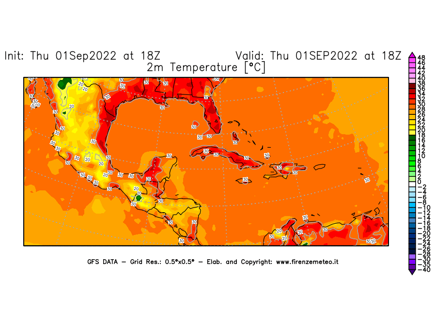 GFS analysi map - Temperature at 2 m above ground [°C] in Central America
									on 01/09/2022 18 <!--googleoff: index-->UTC<!--googleon: index-->