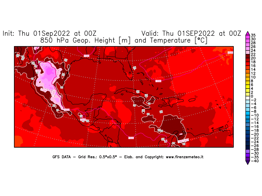 GFS analysi map - Geopotential [m] and Temperature [°C] at 850 hPa in Central America
									on 01/09/2022 00 <!--googleoff: index-->UTC<!--googleon: index-->