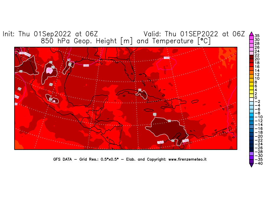 Mappa di analisi GFS - Geopotenziale [m] e Temperatura [°C] a 850 hPa in Centro-America
							del 01/09/2022 06 <!--googleoff: index-->UTC<!--googleon: index-->