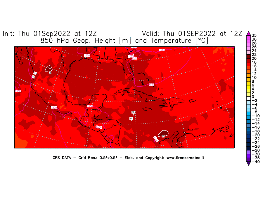 Mappa di analisi GFS - Geopotenziale [m] e Temperatura [°C] a 850 hPa in Centro-America
							del 01/09/2022 12 <!--googleoff: index-->UTC<!--googleon: index-->