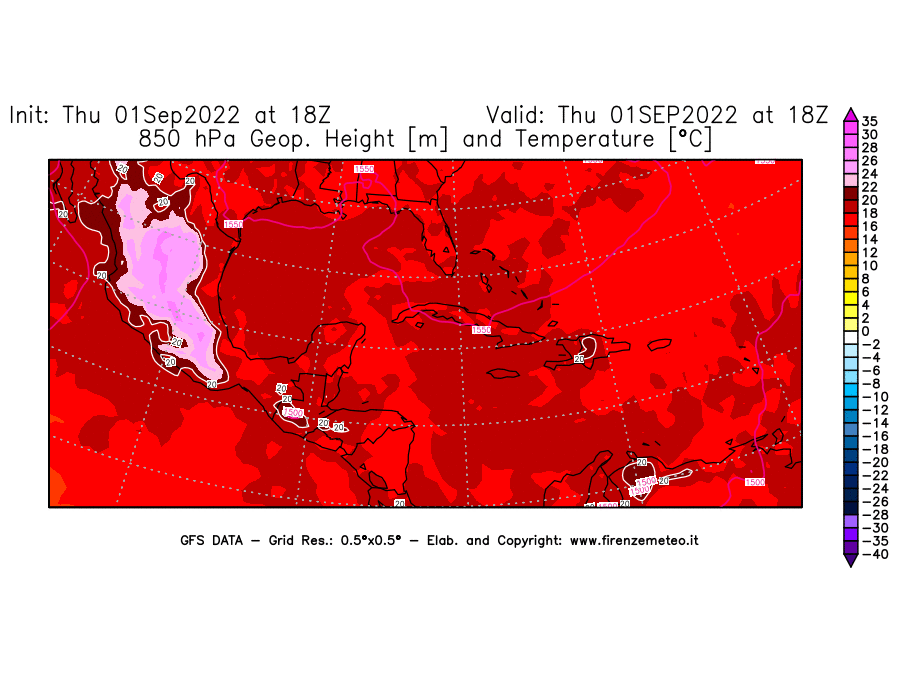 Mappa di analisi GFS - Geopotenziale [m] e Temperatura [°C] a 850 hPa in Centro-America
							del 01/09/2022 18 <!--googleoff: index-->UTC<!--googleon: index-->