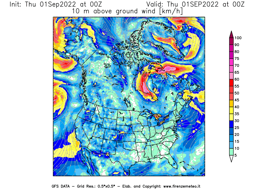 Mappa di analisi GFS - Velocità del vento a 10 metri dal suolo [km/h] in Nord-America
							del 01/09/2022 00 <!--googleoff: index-->UTC<!--googleon: index-->