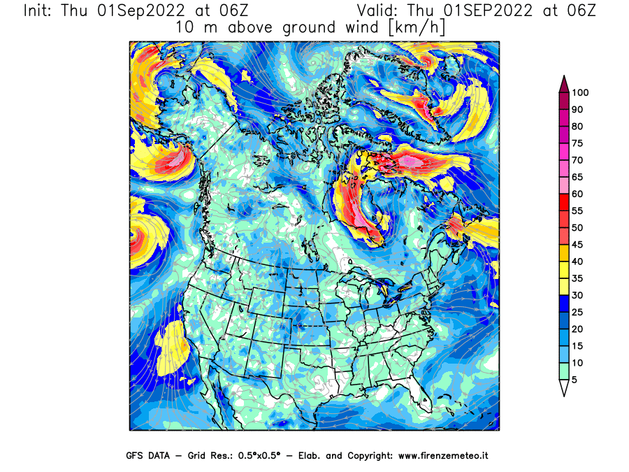 Mappa di analisi GFS - Velocità del vento a 10 metri dal suolo [km/h] in Nord-America
							del 01/09/2022 06 <!--googleoff: index-->UTC<!--googleon: index-->