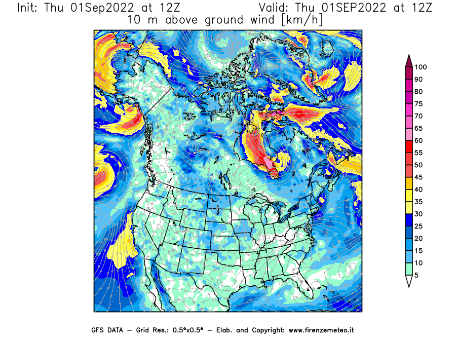 Mappa di analisi GFS - Velocità del vento a 10 metri dal suolo [km/h] in Nord-America
							del 01/09/2022 12 <!--googleoff: index-->UTC<!--googleon: index-->