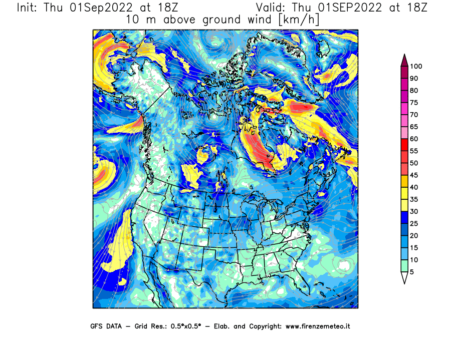 Mappa di analisi GFS - Velocità del vento a 10 metri dal suolo [km/h] in Nord-America
							del 01/09/2022 18 <!--googleoff: index-->UTC<!--googleon: index-->