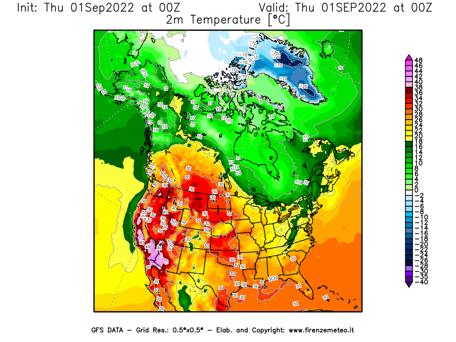 GFS analysi map - Temperature at 2 m above ground [°C] in North America
									on 01/09/2022 00 <!--googleoff: index-->UTC<!--googleon: index-->
