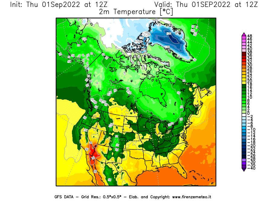 Mappa di analisi GFS - Temperatura a 2 metri dal suolo [°C] in Nord-America
							del 01/09/2022 12 <!--googleoff: index-->UTC<!--googleon: index-->