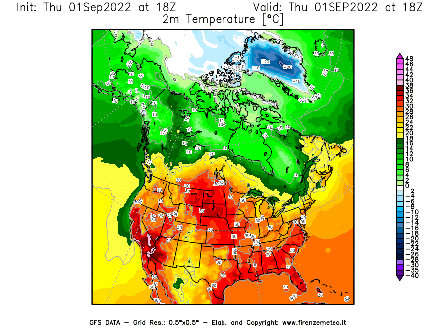 GFS analysi map - Temperature at 2 m above ground [°C] in North America
									on 01/09/2022 18 <!--googleoff: index-->UTC<!--googleon: index-->