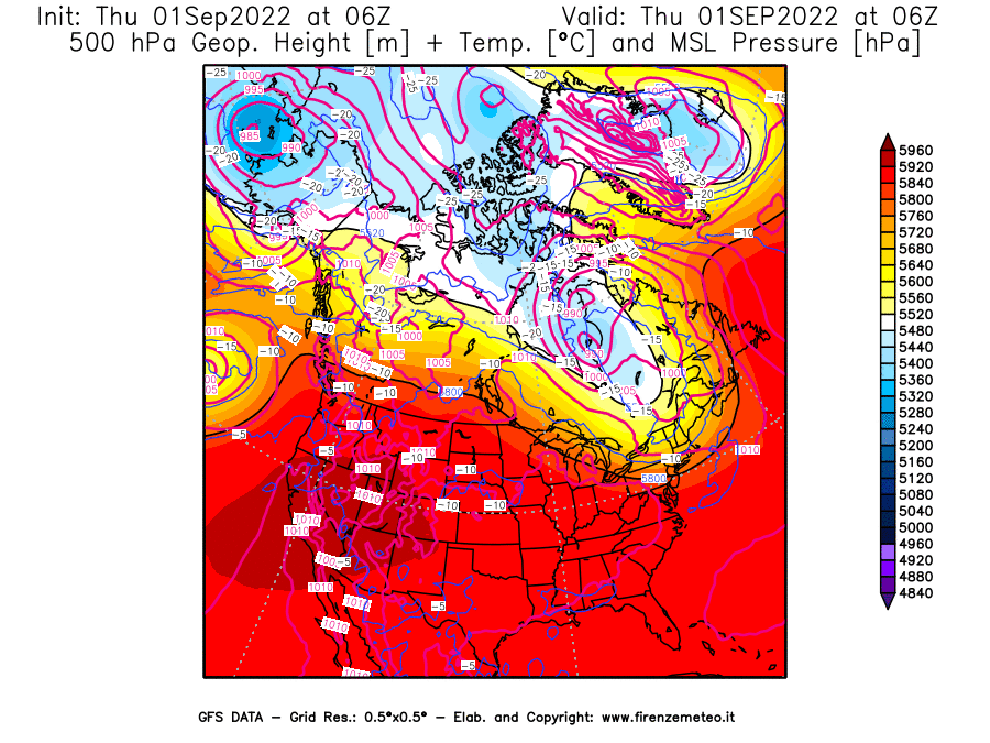 GFS analysi map - Geopotential [m] + Temp. [°C] at 500 hPa + Sea Level Pressure [hPa] in North America
									on 01/09/2022 06 <!--googleoff: index-->UTC<!--googleon: index-->