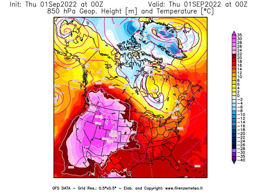 Mappa di analisi GFS - Geopotenziale [m] e Temperatura [°C] a 850 hPa in Nord-America
							del 01/09/2022 00 <!--googleoff: index-->UTC<!--googleon: index-->