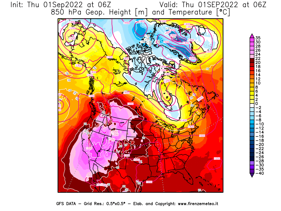 GFS analysi map - Geopotential [m] and Temperature [°C] at 850 hPa in North America
									on 01/09/2022 06 <!--googleoff: index-->UTC<!--googleon: index-->