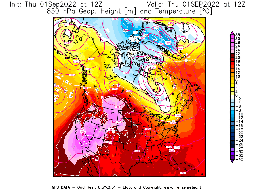 Mappa di analisi GFS - Geopotenziale [m] e Temperatura [°C] a 850 hPa in Nord-America
							del 01/09/2022 12 <!--googleoff: index-->UTC<!--googleon: index-->